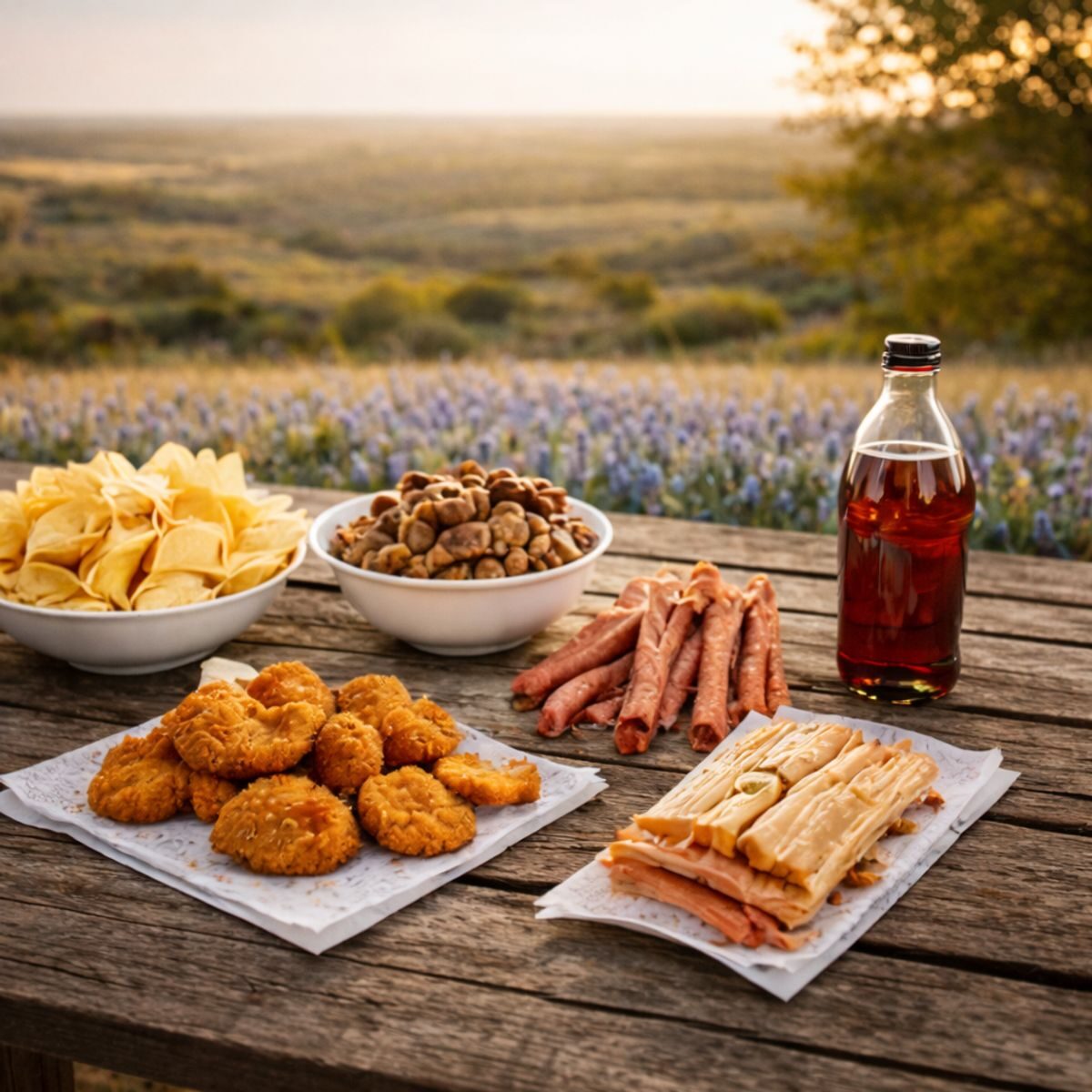 Close-up of Texas snacks including Beaver Nuggets, jerky, pecans, and chips on a picnic table